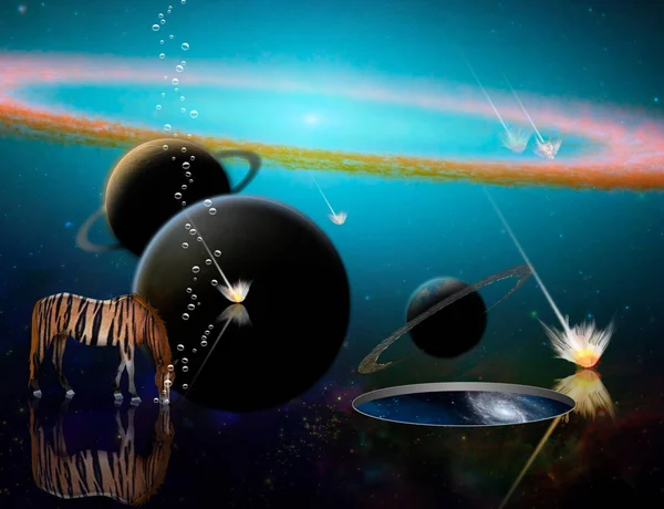 Representación Surrealista Planetas Exosolares Lluvia Meteoritos Caballo Rayas Agujero Gusano — Foto de Stock