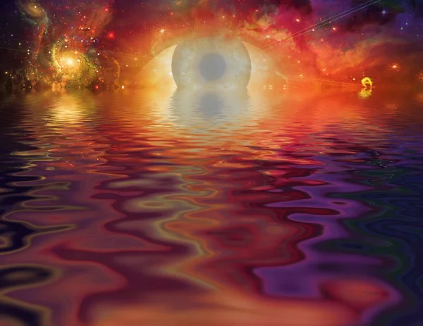 stock image Mystical Eye in vivid universe and water reflections