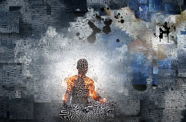 Abstrakte Wolken Worte Brennender Mann Lotuspose Muster Von Labyrinth Auf — Stockfoto