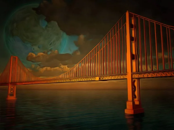 Malarstwo Surrealistyczne Golden Gate Bridge Procesach Terraformowania Księżyc Niebie — Zdjęcie stockowe