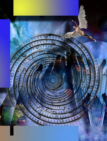 Composição Surreal Homem Alado Representa Anjo Espiral Temporal — Fotografia de Stock