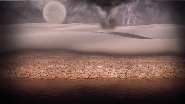 Surreal Digital Art Desert Shore Tornado Lightning Full Moon Horizon — Stock Photo, Image