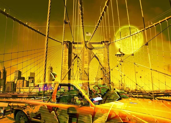 Arte Digital Surreal Táxi Amarelo Ponte Brooklyn Elementos Grafite Lua — Fotografia de Stock