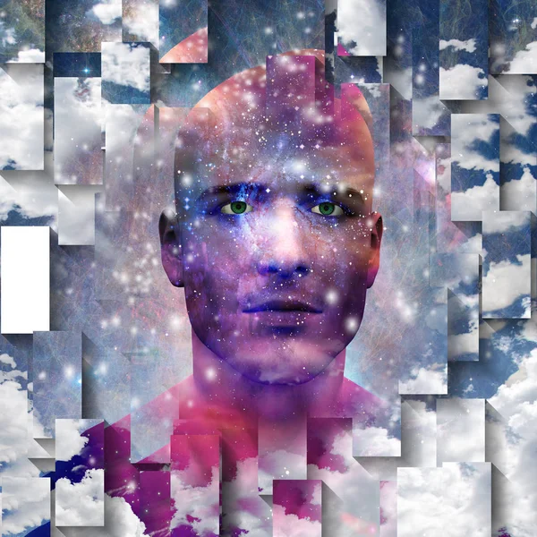 Surrealistyczna Sztuka Cyfrowa Mans Głowy Gwiazd Chmury Streszczenie Tło — Zdjęcie stockowe