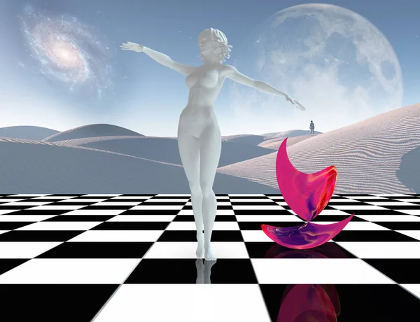 Сюрреализм Женская Статуя Белого Камня Розового Вещества Шахматной Доске Одинокий — стоковое фото