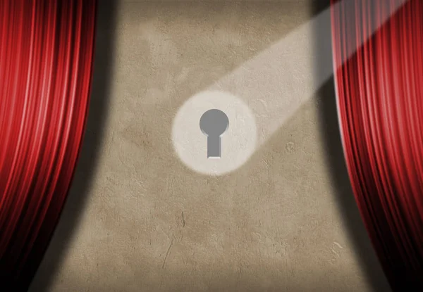 Schlüsselloch Der Bühnenwand Mit Rotem Vorhang Darstellung — Stockfoto