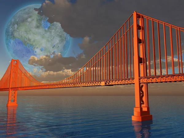 Goldene Torbrücke Mit Terraformierter Luna Darüber — Stockfoto