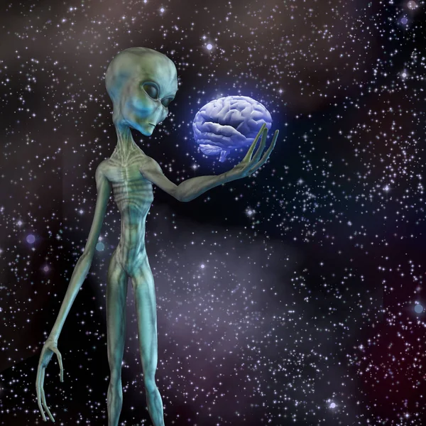 Alien Denkt Über Menschliches Gehirn Nach — Stockfoto