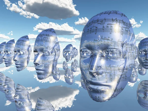 Klonlanmış Yüzler Yüzen Müzikal Gösterimler Ile Kaplı — Stok fotoğraf