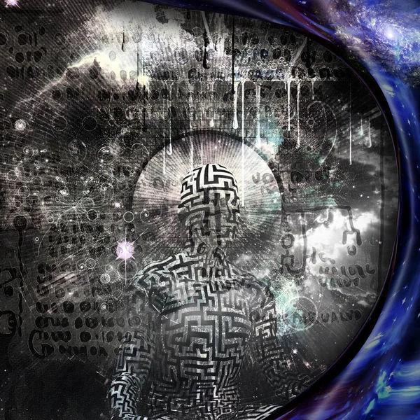 Soyut resim. Lotus poz adam figürü. Eski metin ve simge ve arka plan üzerinde. 3D render