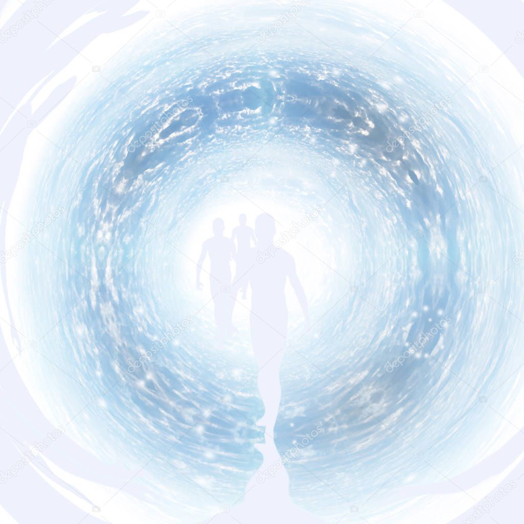 Tunnel of Light with figure. Men Souls. 3D rendering