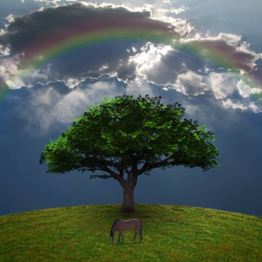 At ağacın yanında. 3D render.