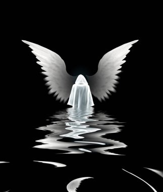Beyaz pelerin şekilde melek karşılamaktadır. Su yüzeyinde ripples