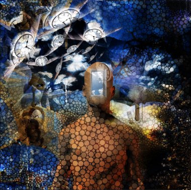 Soyut resim. Yüzü yerine başka bir dünyaya açılan kapıyı açan çıplak bir adam. Diğer boyutlar. Kanatlı saatler zamanın akışını temsil eder.