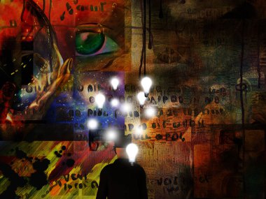 Sürrealizm. Ampulleri kafasına ile iş adamı. El cam küre, yeşil göz ve antik yazıları arka planda tutan