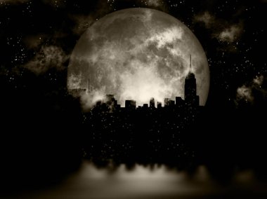 3D rendering. Full moon over night city. clipart