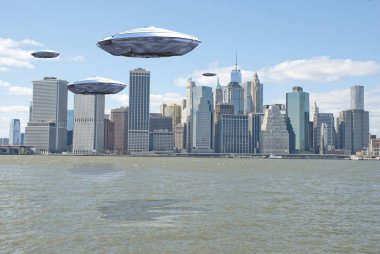 Uçan daireler üzerinden New York liman. 3D render