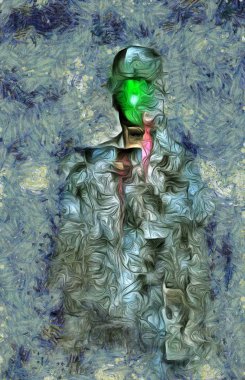 Surreal painting. Man in suit and bowler hat with green apple instead of his face. Magritte style. 3D rendering. clipart