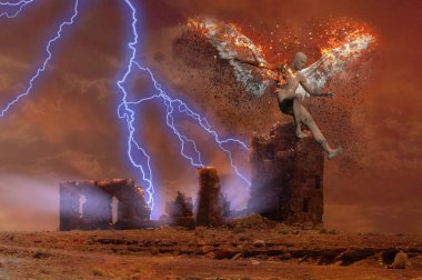 Gerçeküstü dijital sanat. Yıldırım korkunç harabeleri vuruyor. Yanan kanatlı çıplak adam düşen meleği simgeler..