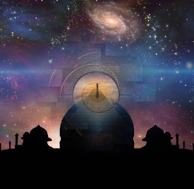 Doğu tarzı tapınakta. Evren gökada bir arka plan ile.