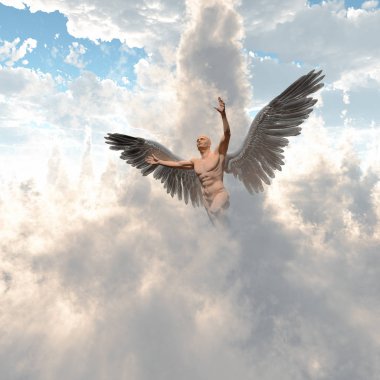 Sürrealizm. Angel'ın kanatlı çıplak adam bulutlu havada uçar. 3D render.