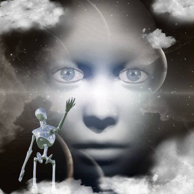 Kadının yüzüne uzayda. Uzaylı.