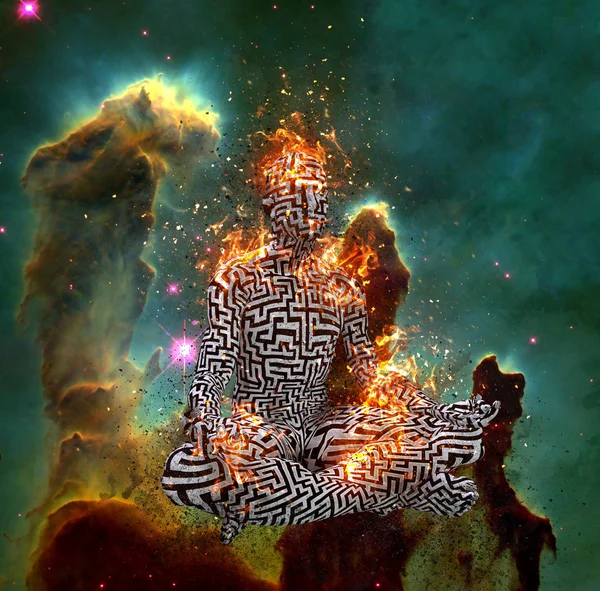 Surrealismus Figur Eines Mannes Mit Labyrinth Muster Lotuspose Flammen Darstellung — Stockfoto
