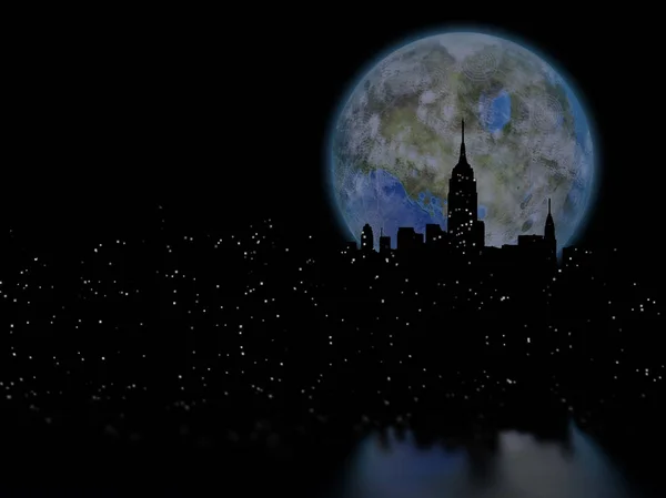 Renderização Lua Terraformada Sobre Cidade Noturna — Fotografia de Stock