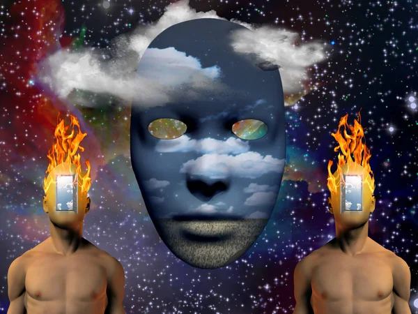 stock image Surreal painting. Mask with image of clouds and field. Burning man's head with open door to another world instead of face.