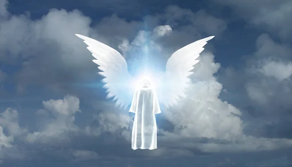 Figure in white cloak stands before winged star in cloudy sky