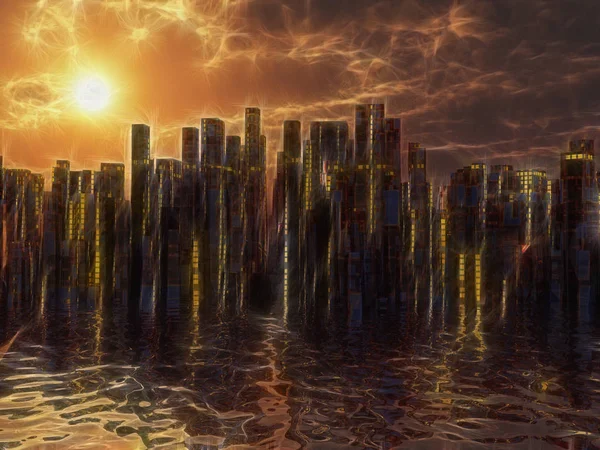 Μέλλον Πόλη Στο Νερό Ηλιοβασίλεμα Sunrise — Φωτογραφία Αρχείου