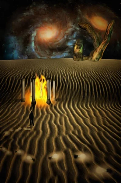 超现实主义数字艺术 白色沙漠星球与火寺庙 穿西装的人正在失去灯泡 巨大的石头手和五颜六色的星系在地平线上 电灯泡象征想法或想法 — 图库照片