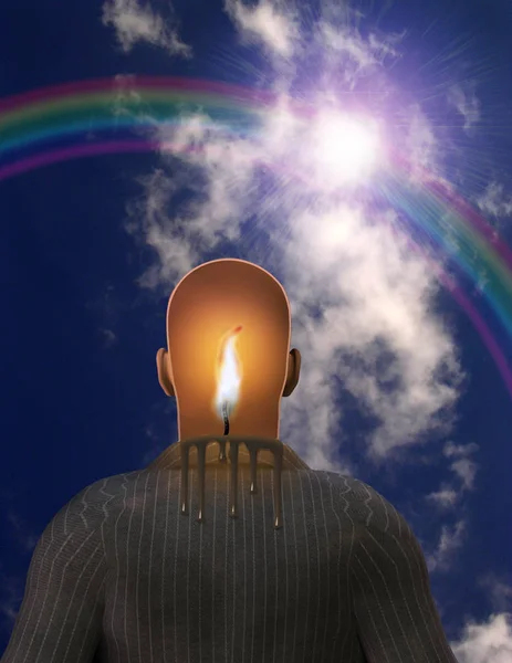 Surrealismus Schmelzende Kerze Kopf Des Menschen Regenbogen Himmel — Stockfoto