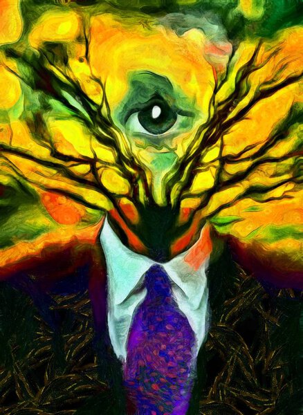 Surreal painting. Man's figure in a suit with tree branches and all-seeing eye instead of head.