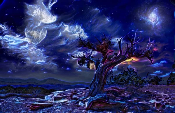 Pintura Surrealista Árbol Viejo Luna Llena Nubes Místicas Cielo — Foto de Stock