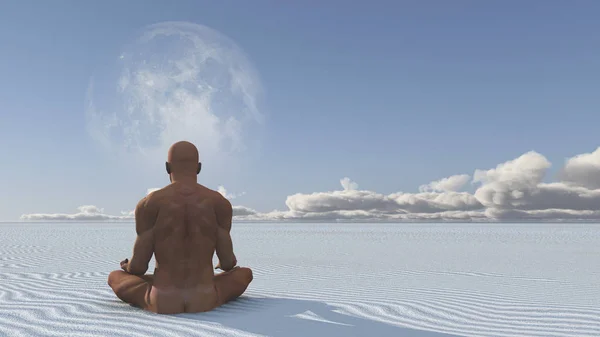 Nsan Beyaz Kumlar Üzerinde Meditasyon Yapar — Stok fotoğraf