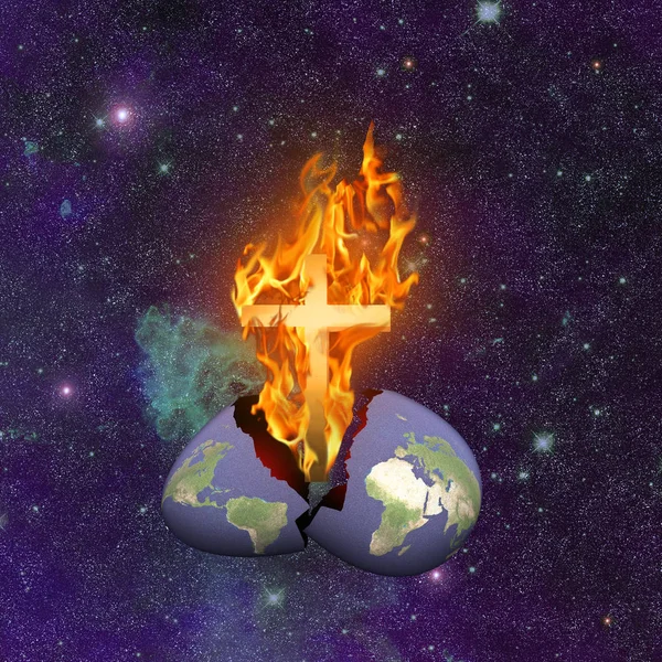 Armageddon Broken. Burning cross hatched from planet Earth