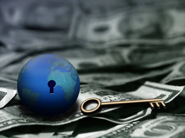 Globus Mit Schlüsselloch Und Schlüssel Auf Dollar — Stockfoto