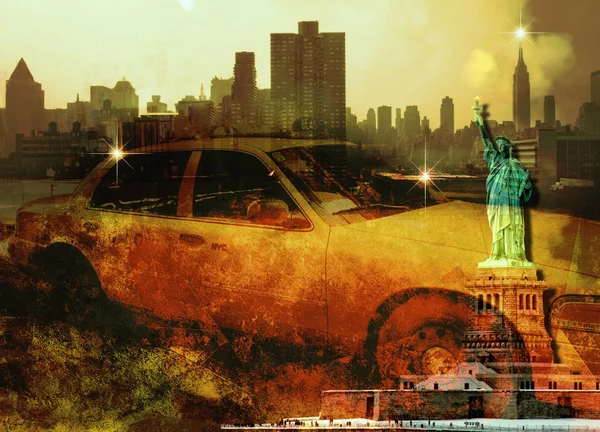 Táxi Amarelo Nova Iorque Estátua Liberdade Linha Horizonte Manhattan — Fotografia de Stock