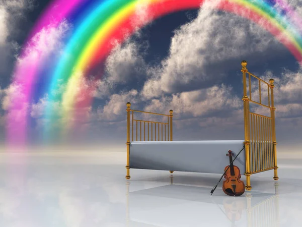 Letto Con Violino Arcobaleno Scena Surreale — Foto Stock