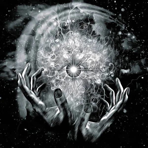 Surreal Painting Eye God Universe Hands Prayer Rendering — Stock Photo, Image