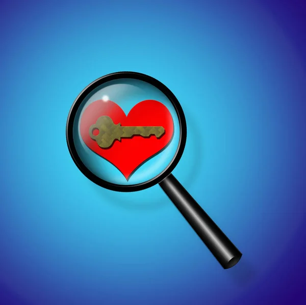Rotes Herz Schlüssel Und Lupe — Stockfoto