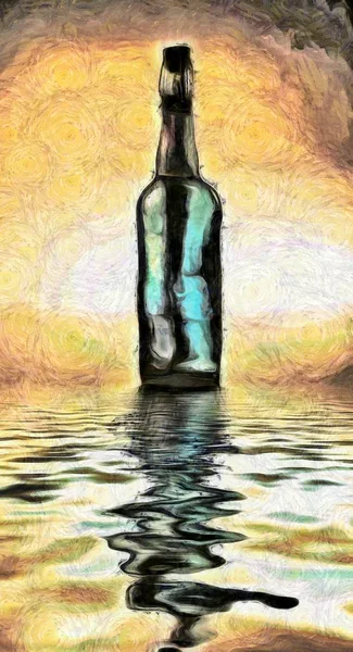 Modern Art Wine Bottle Reflects Water Sunset — Stock Photo, Image