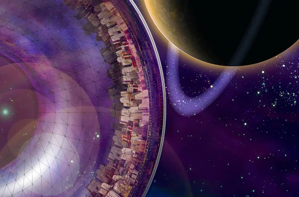 Großes Interstellares Stadtschiff Der Nähe Des Beringten Planeten — Stockfoto