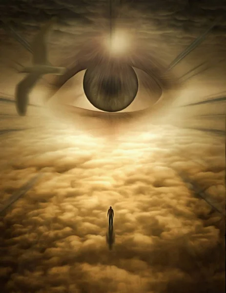 Surreal Painting Giant Eye Cloudy Sky Thunderbird Figure Man Distance — Stock Photo, Image