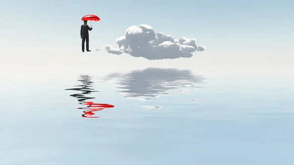 Człowiek Czerwony Parasol Unoszą Się Nad Pustynia Krajobraz — Zdjęcie stockowe