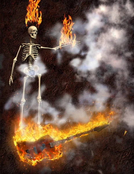 骨架和低音吉他在火 — 图库照片