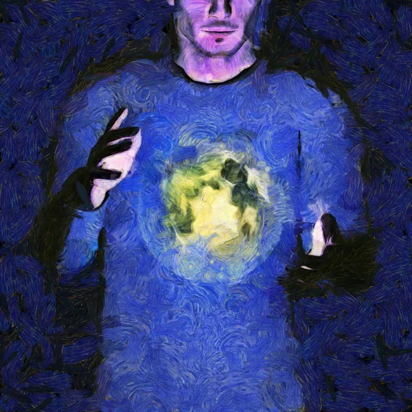 Surreal Painting Man Holds Earth Hands Rendering — Stock Photo, Image