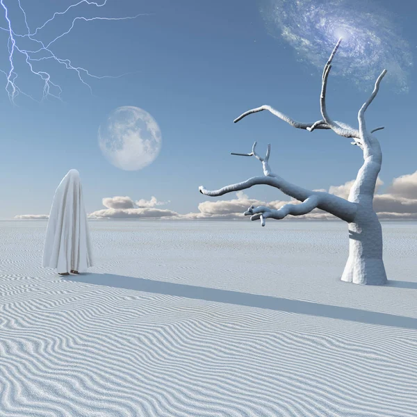 白いヒジャーブの図は シュールな白い砂漠に立つ — ストック写真