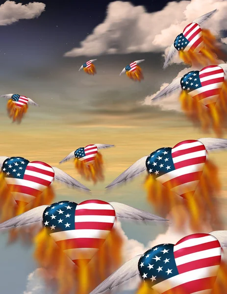 アメリカの国旗の色が空に飛ぶ炎のような心の翼 — ストック写真